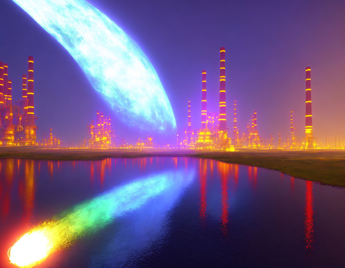 Neon-lit factories in futuristic industrial landscape at night