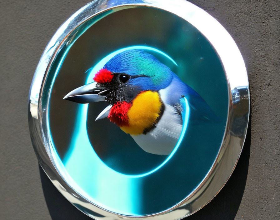 Vibrant bird with blue, red, and yellow colors in circular opening with blue light.