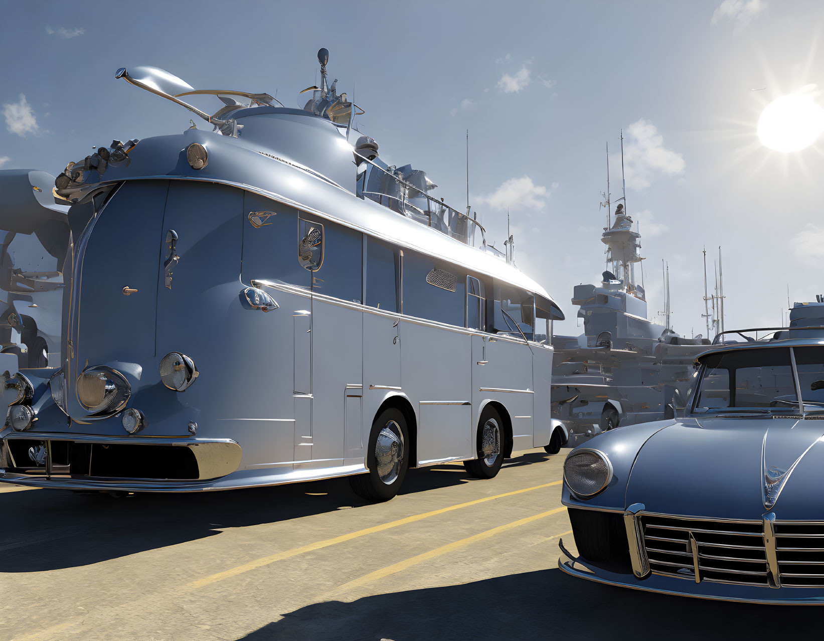 Retro-futuristic blue bus and vintage silver car at sunny marina