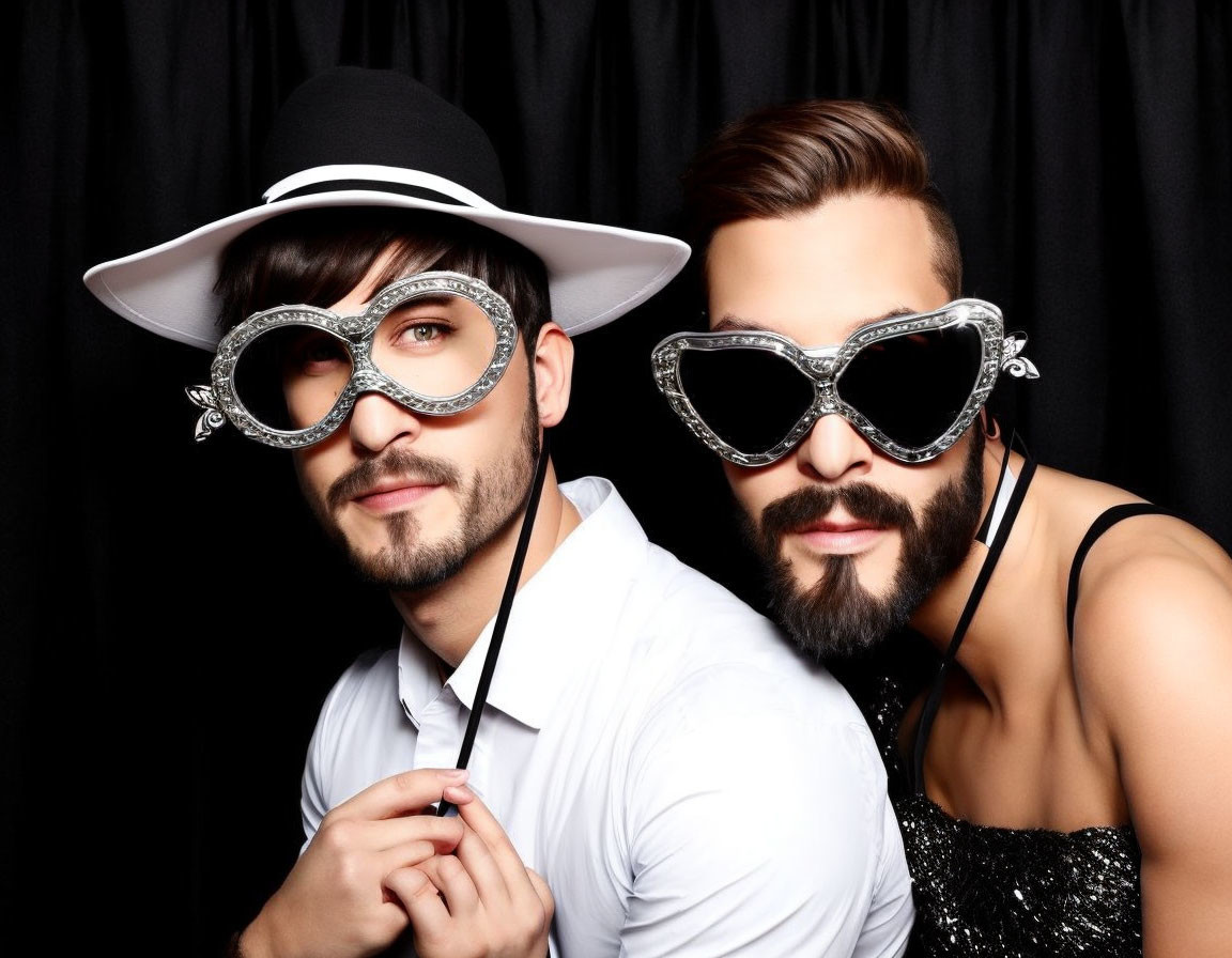 Two Men in Heart-Shaped Glasses and Stylish Hats on Black Background