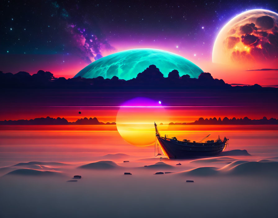 Surreal landscape digital artwork with boat on dunes under vibrant sunset sky