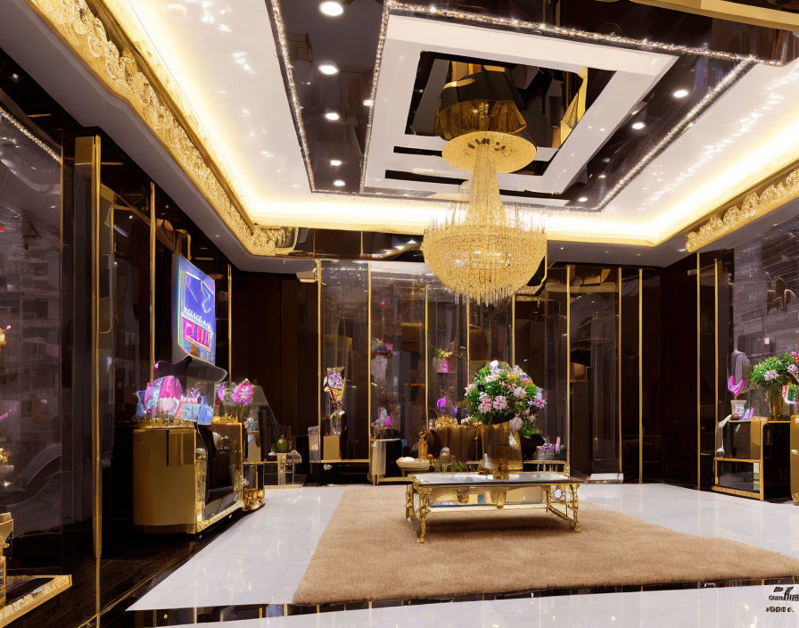 Luxurious Room with Gold Accents, Chandelier, Flowers, Rug, and Mirrored Ceiling