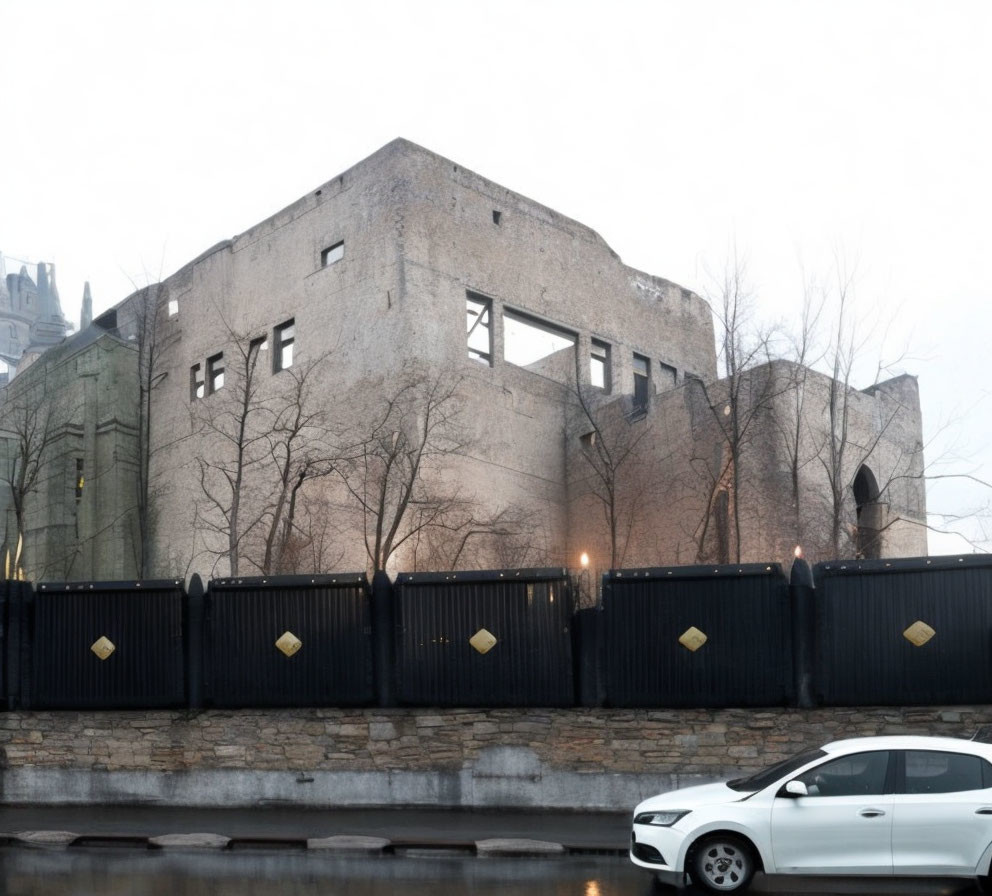 Abandoned building with no roof, black fence, trees, and car on cloudy day