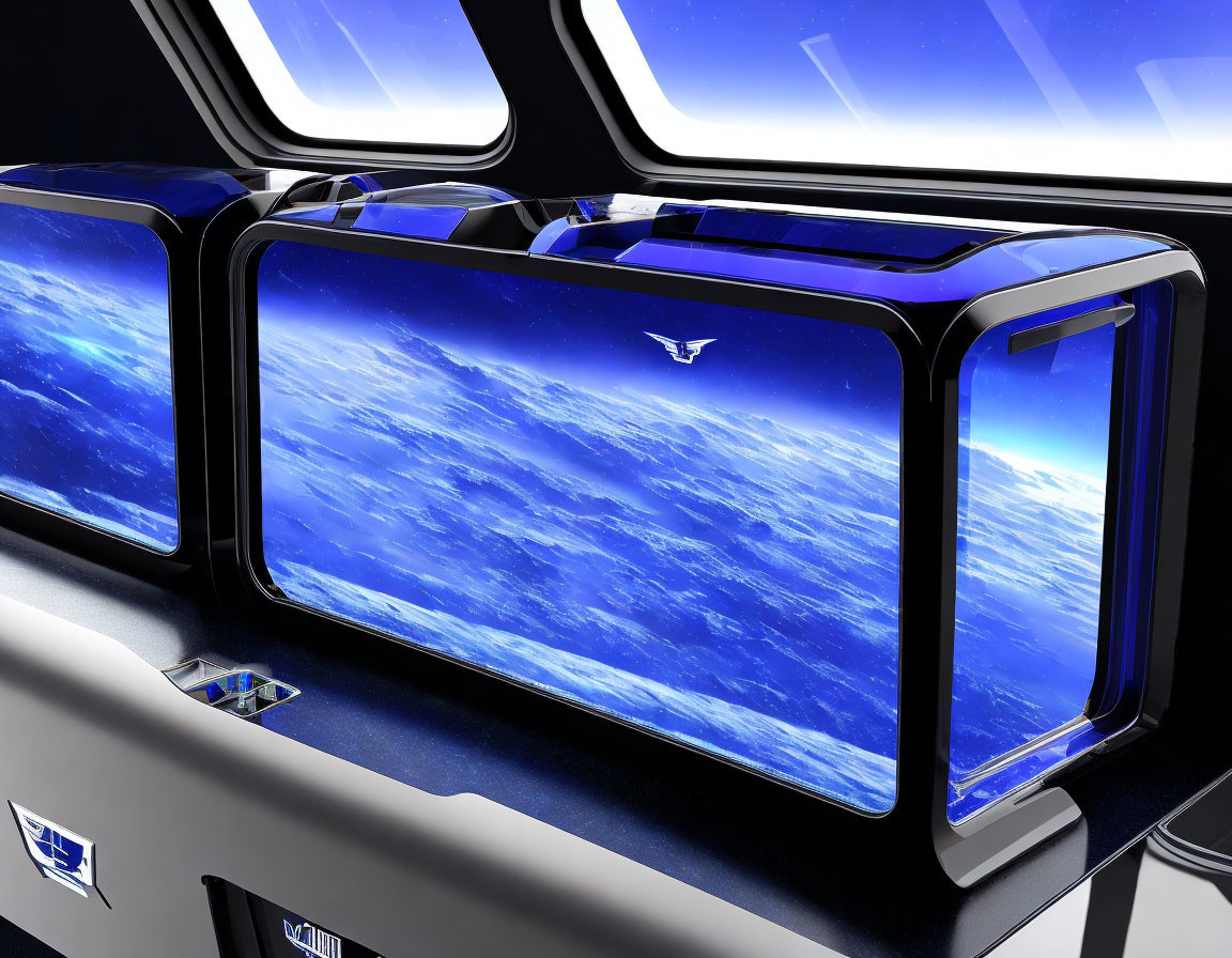 Modern spacecraft cabin with large windows and sleek design, displaying Earth's atmosphere.