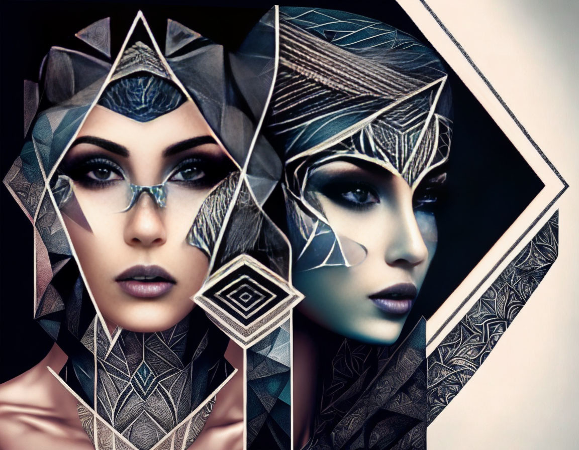 Geometric patterned portrait with mirrored elements in futuristic metallic tones