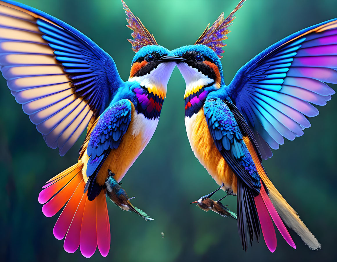 Vividly colored birds facing each other in forest setting