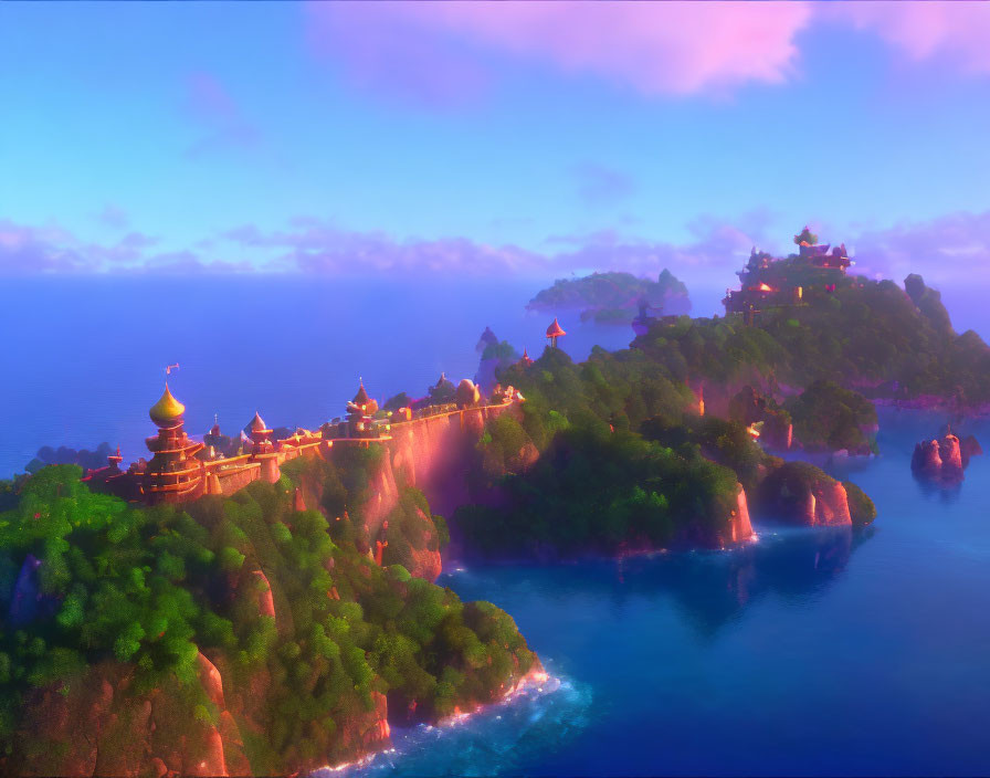 Cliffside Asian-inspired village at sunrise or sunset with pink clouds