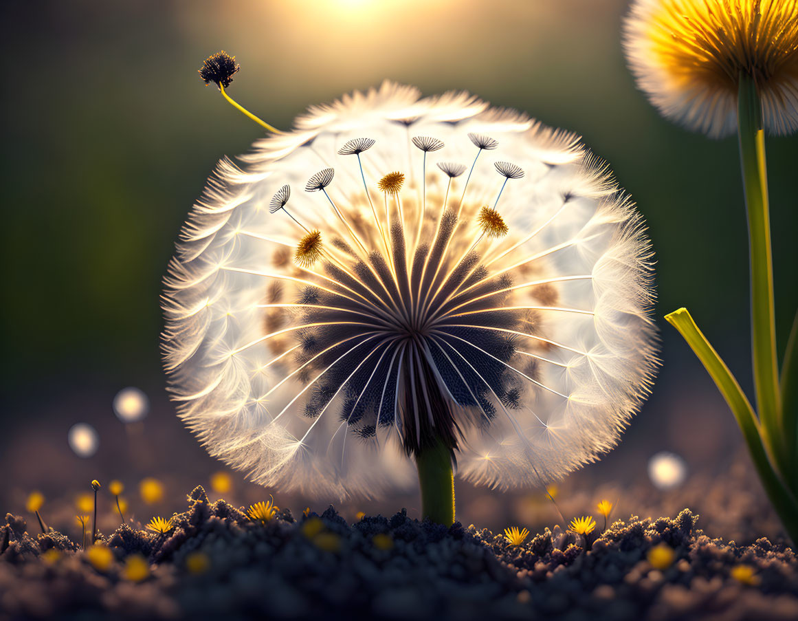 Dandelion seed head with dispersing seeds and bokeh background