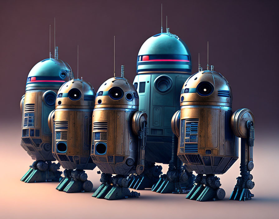 Four unique astromech droid designs displayed together on a blurred background