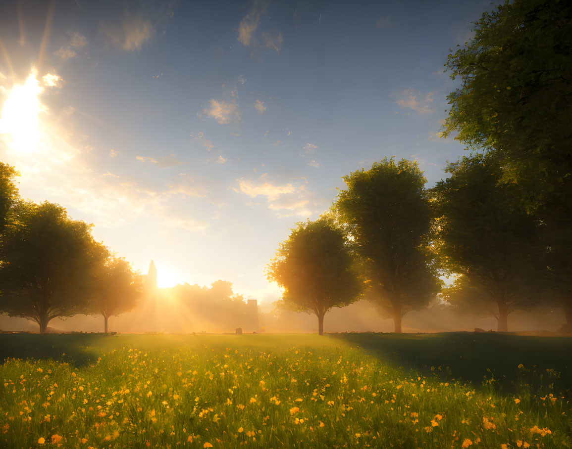 Tranquil park sunrise with mist and blooming flowers