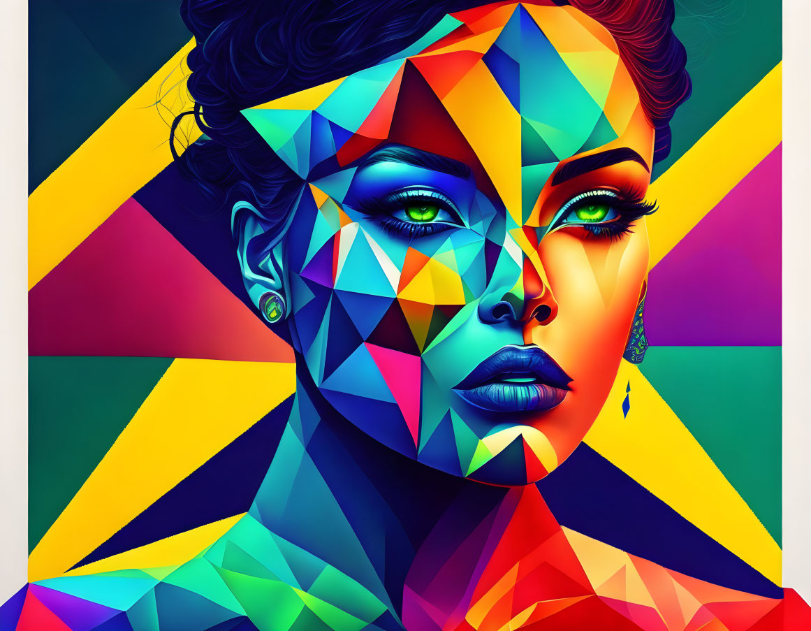 Colorful Geometric Patterns on Woman's Face Against Multicolored Background