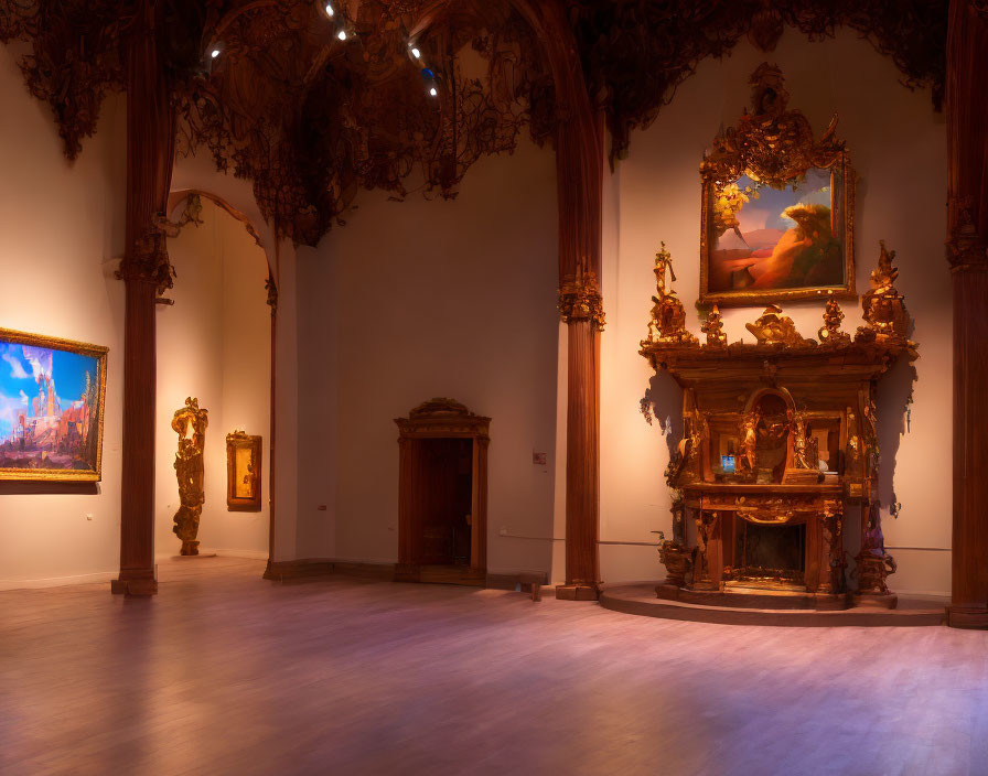 Ornate wood carvings, large painting, and gold-trimmed altar in dimly