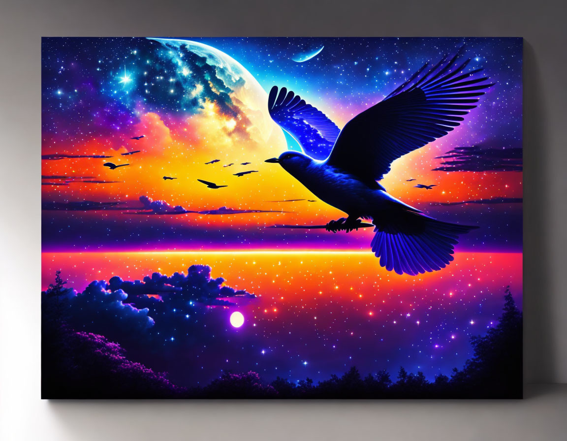 Vibrant sunset canvas with bird silhouette and crescent moon