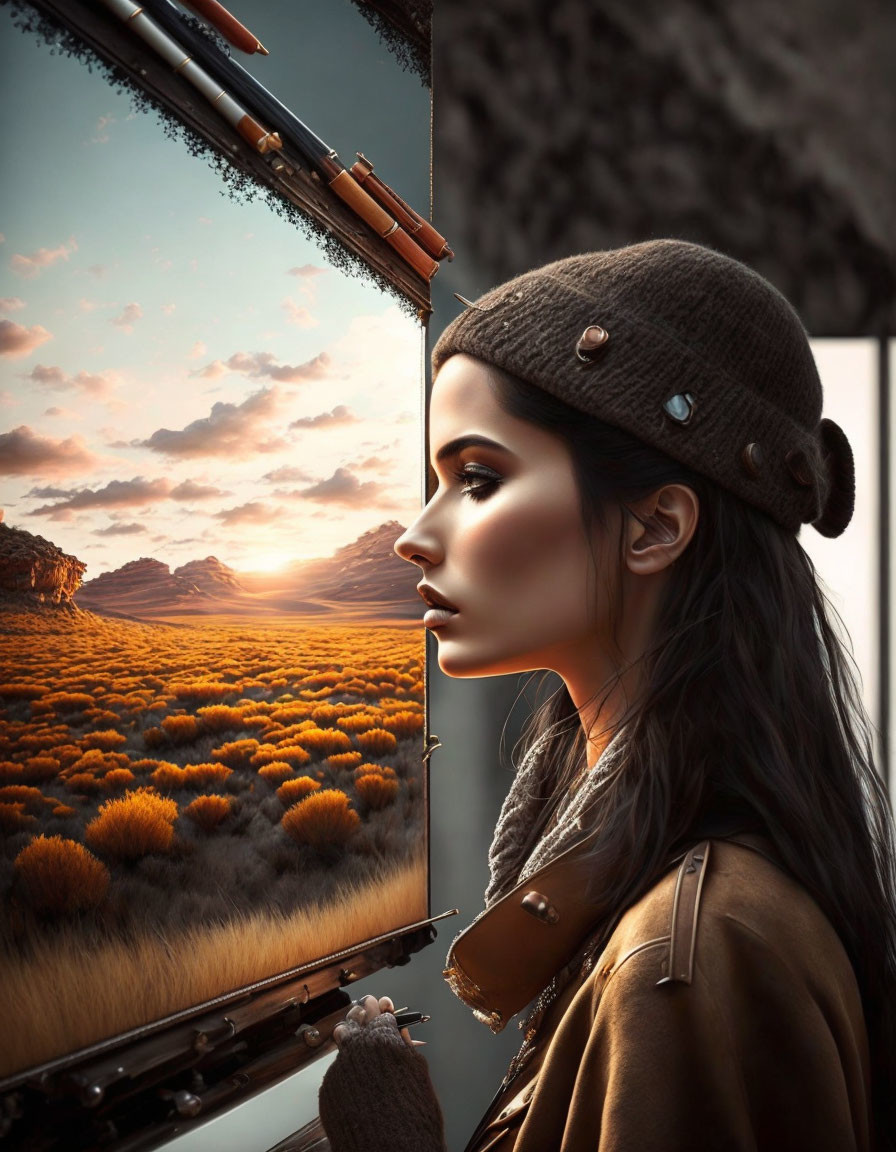 Woman in beret gazes at sunset over orange foliage field