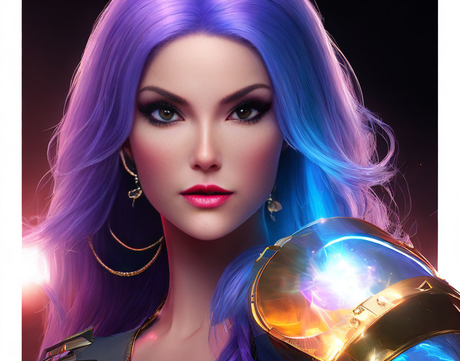 Vibrant blue and purple hair woman with striking makeup and glowing armored gauntlet