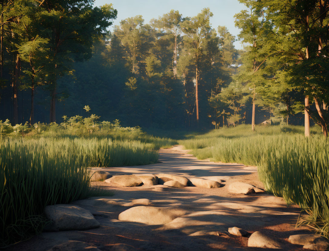 Tranquil forest path with lush grass and sunlight filtering through trees