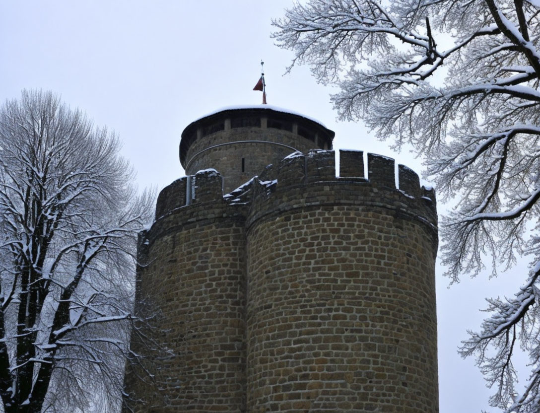 Medieval stone tower with conical roof amidst snow-covered trees.