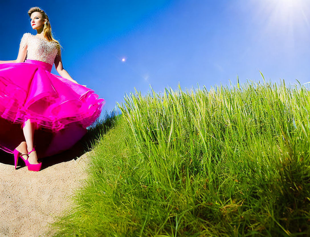 Woman in Vibrant Pink Dress and High Heels Standing by Green Field