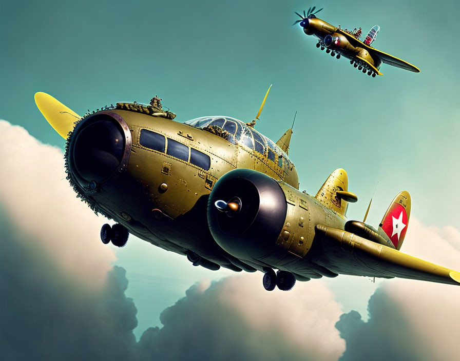 Vintage Military Aircraft with Propellers Flying in Blue Sky