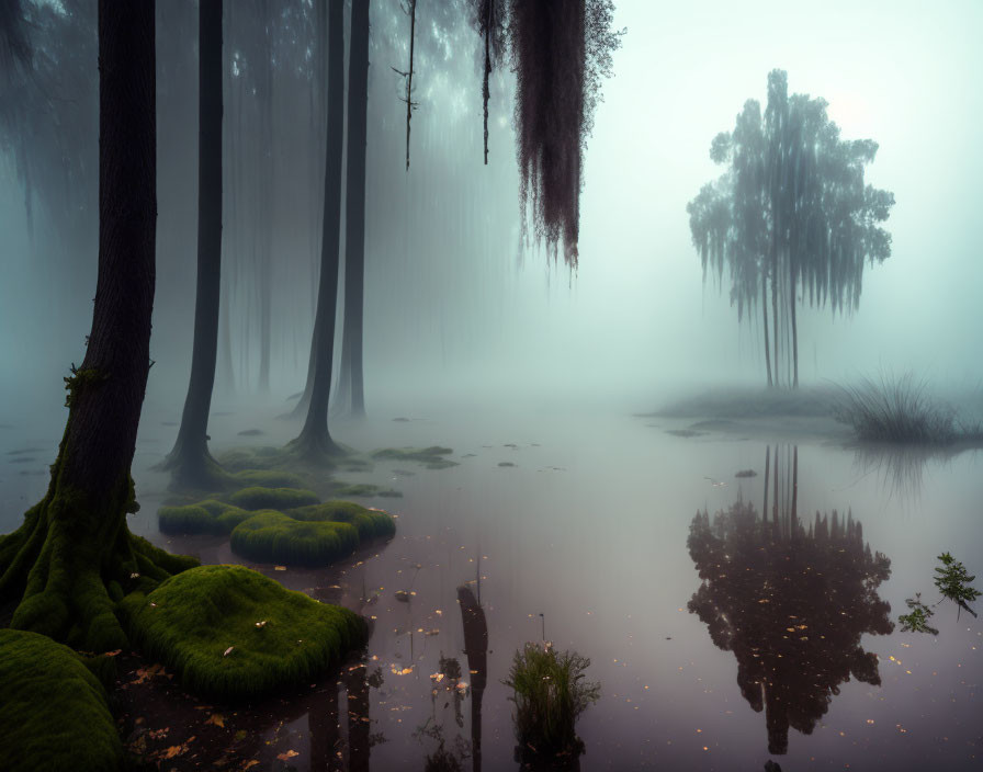 Misty landscape with moss-covered trees by serene water