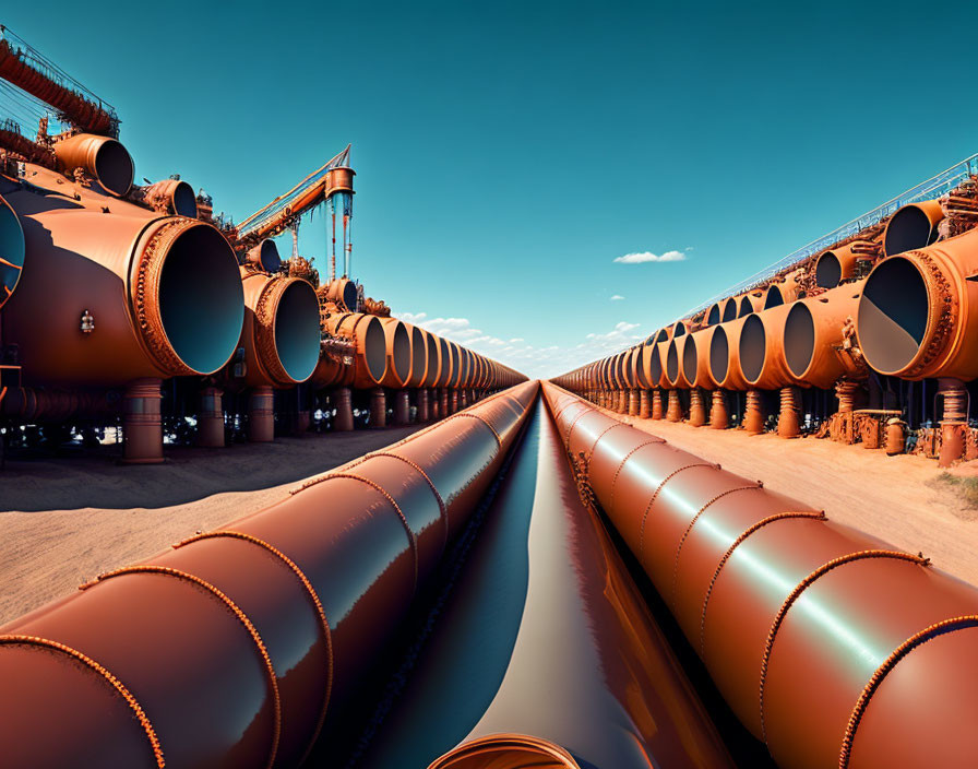 Symmetrical industrial pipes in orange against clear blue sky