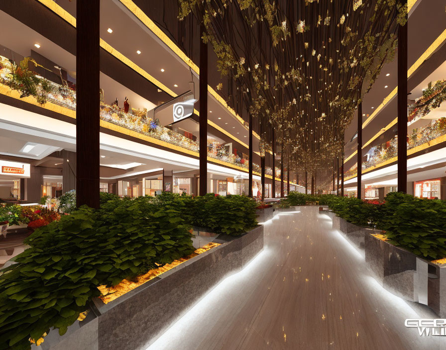 Modern multi-level shopping mall interior with wooden decor, green plants, and warm lighting