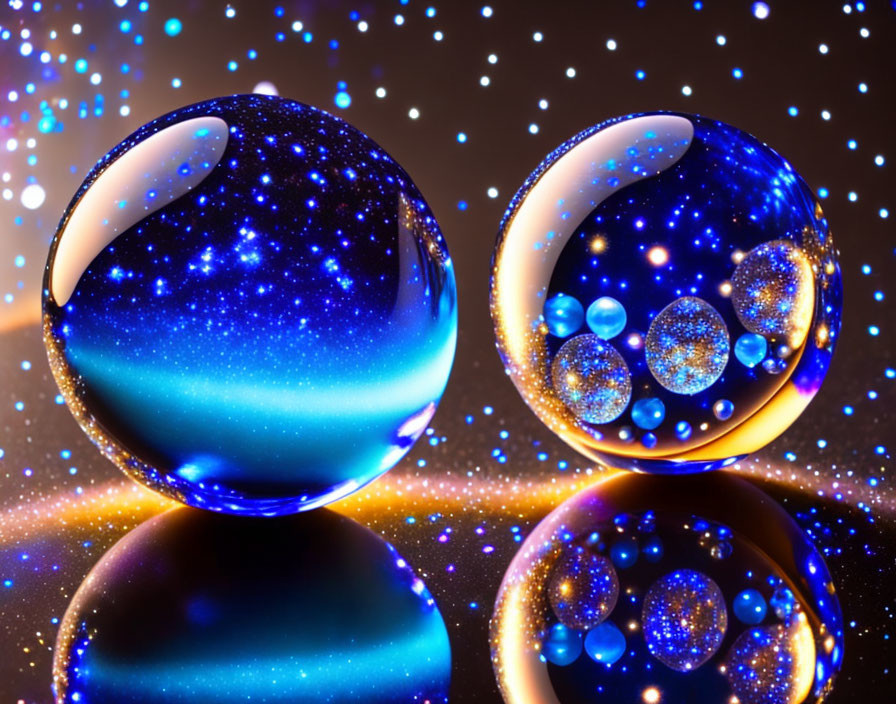 Glass spheres with blue and gold galaxy patterns on dark background