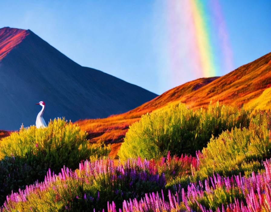 Colorful landscape with wildflowers, bird, volcano, and rainbow