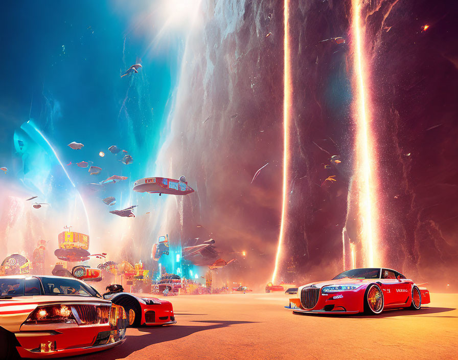 Futuristic cityscape with flying vehicles and sports cars against cliff backdrop