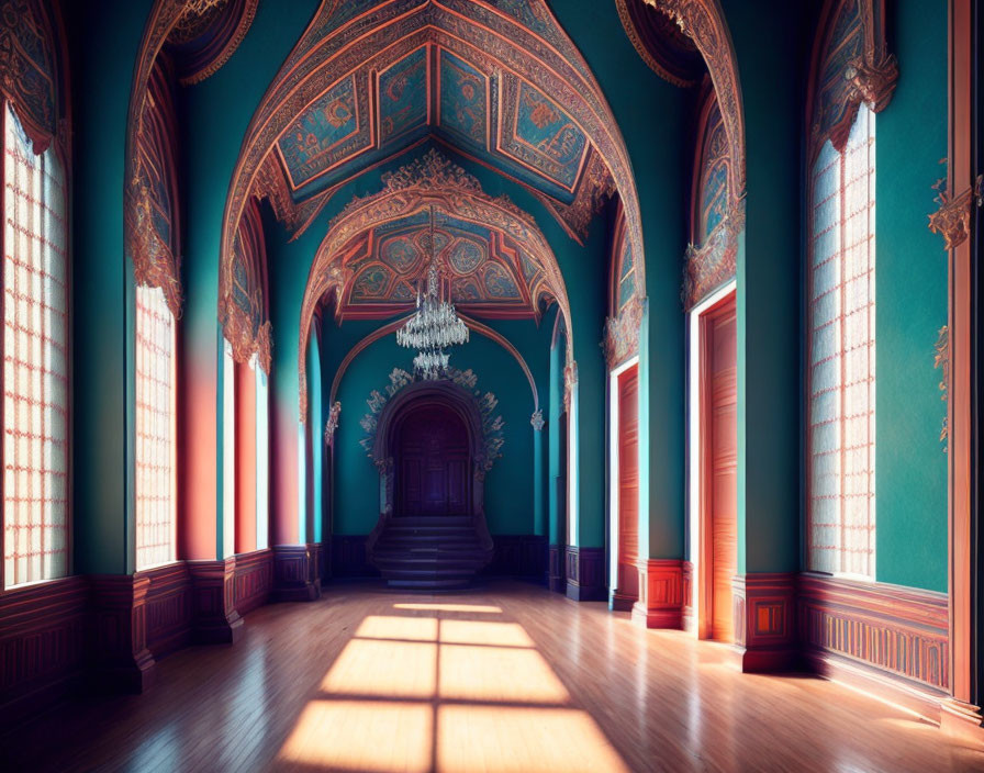 Elegant interior hallway with teal walls, ornate ceiling, hardwood floors, chandeliers, and