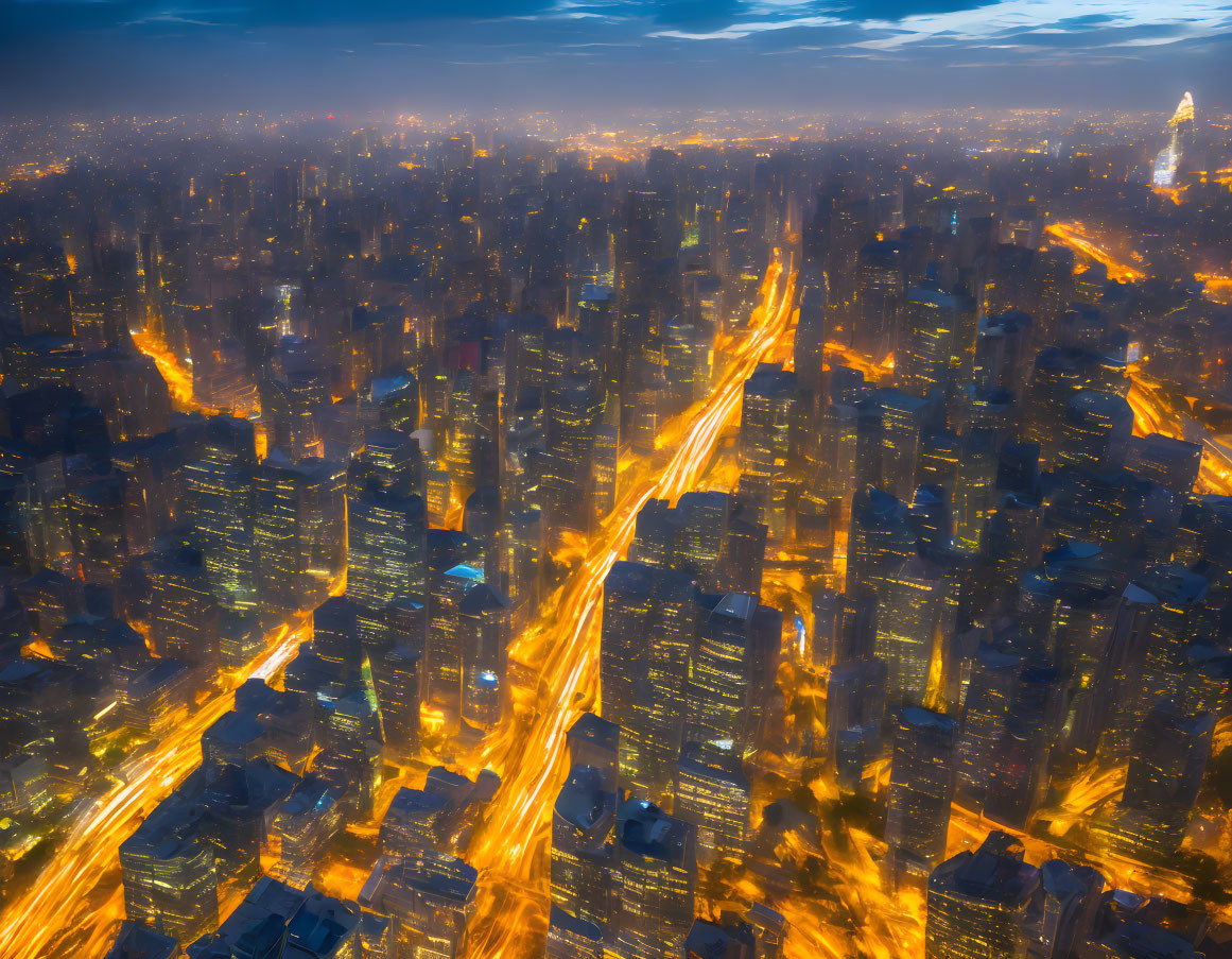 Cityscape at Twilight: Dense Skyscrapers and Illuminated Avenue