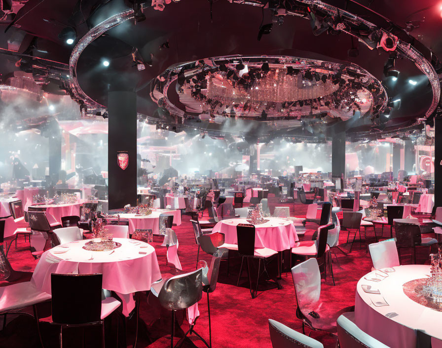 Sophisticated event space with round tables and pink lighting