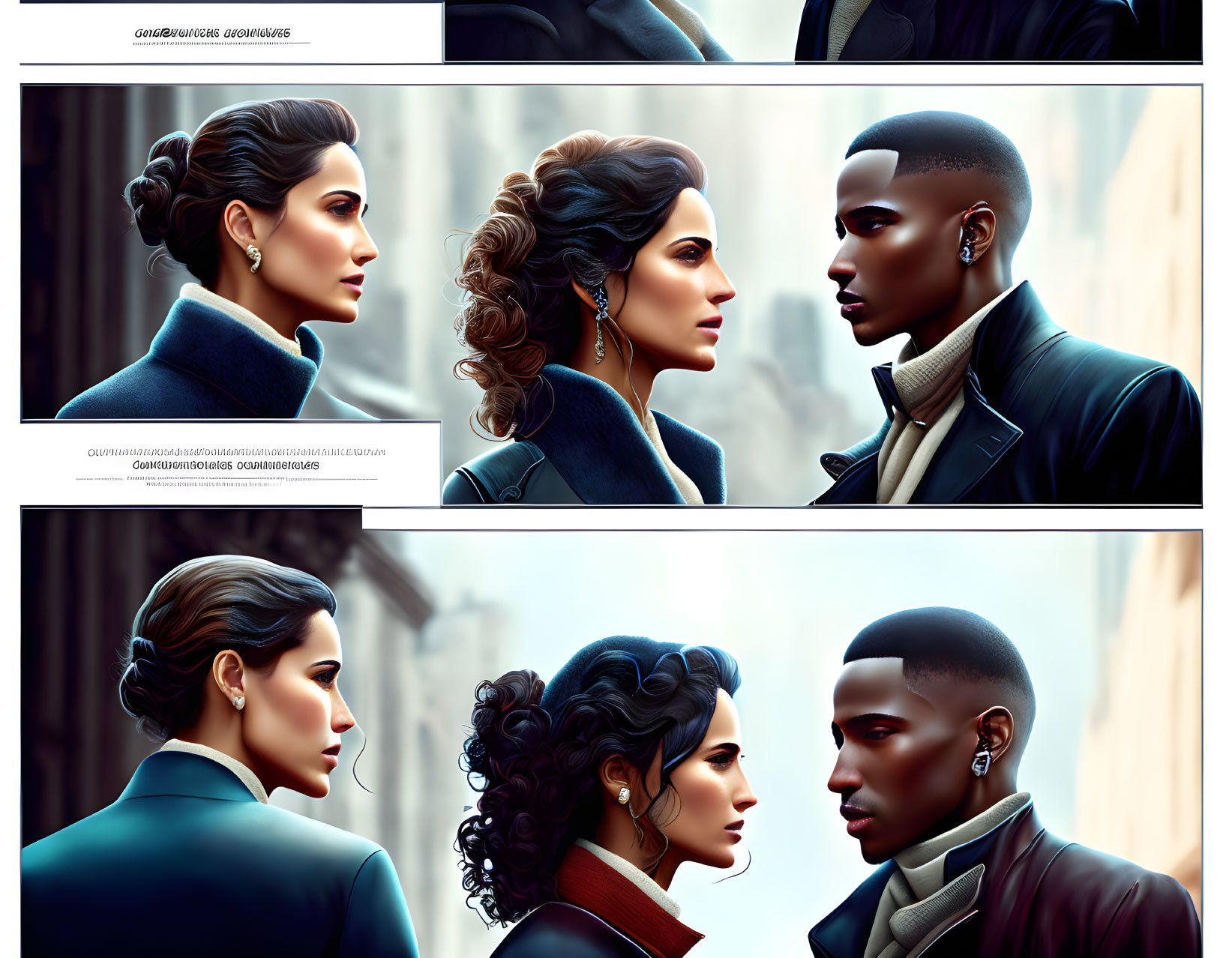 Comic panels: Woman with elegant hairstyle conversing with man in high-collared coat