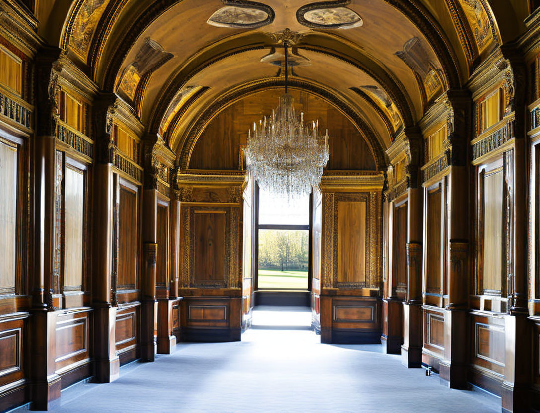 Luxurious Hallway with Golden Ceiling & Crystal Chandelier