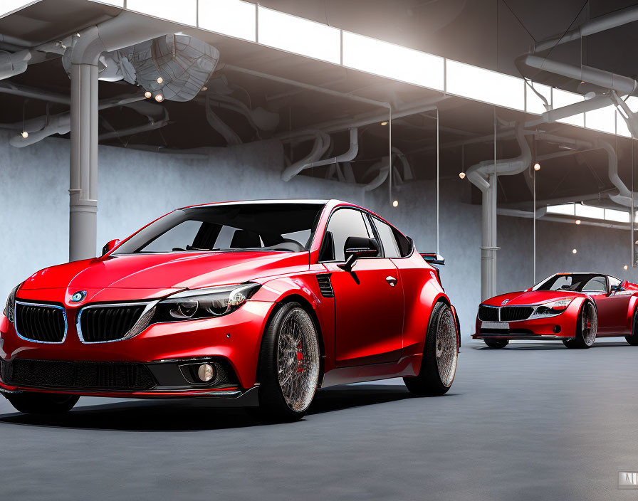 Red BMW Coupe and Sports Car in Showroom Under Industrial Lights