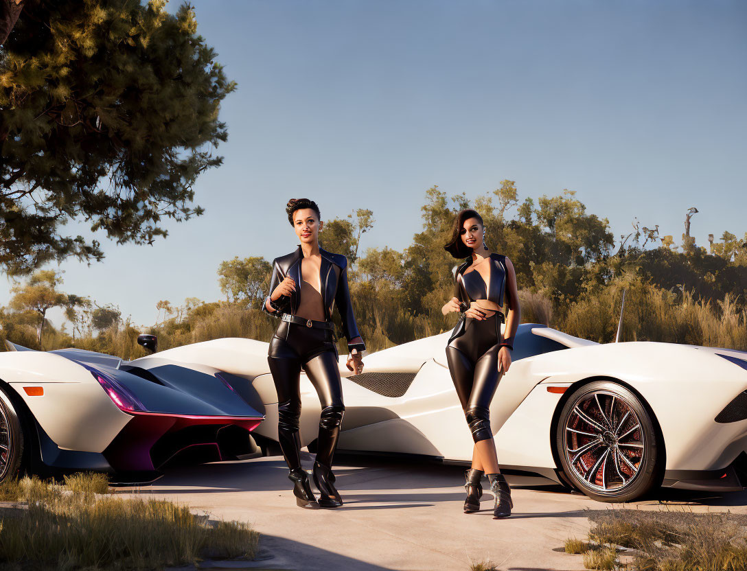 Stylish women posing next to luxury sports cars under clear sky