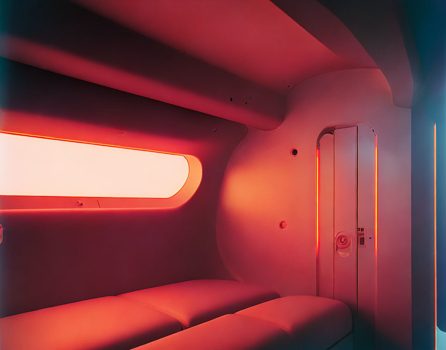 Curved Surfaces, Pink and Orange Lighting in Futuristic Room