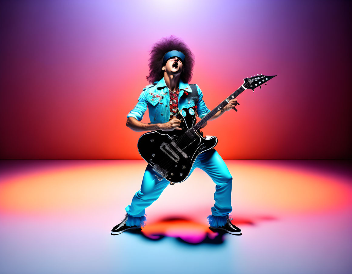 Afro person in denim playing electric guitar on colorful background