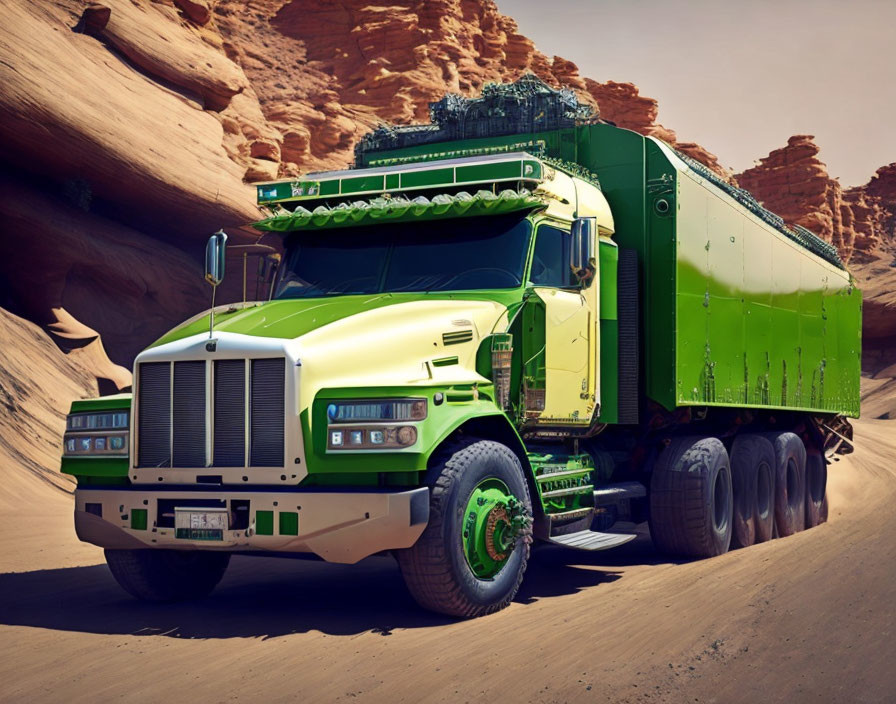 Green semi-truck and trailer on desert road with red rock formations, clear blue sky