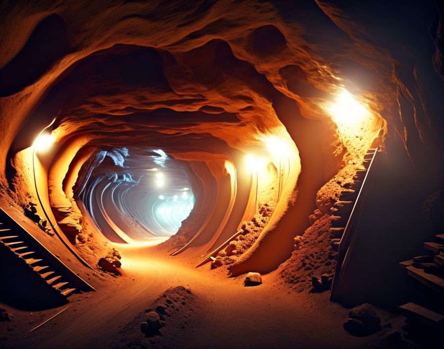 Winding cave tunnel with warm lighting and stairs leading to bright light