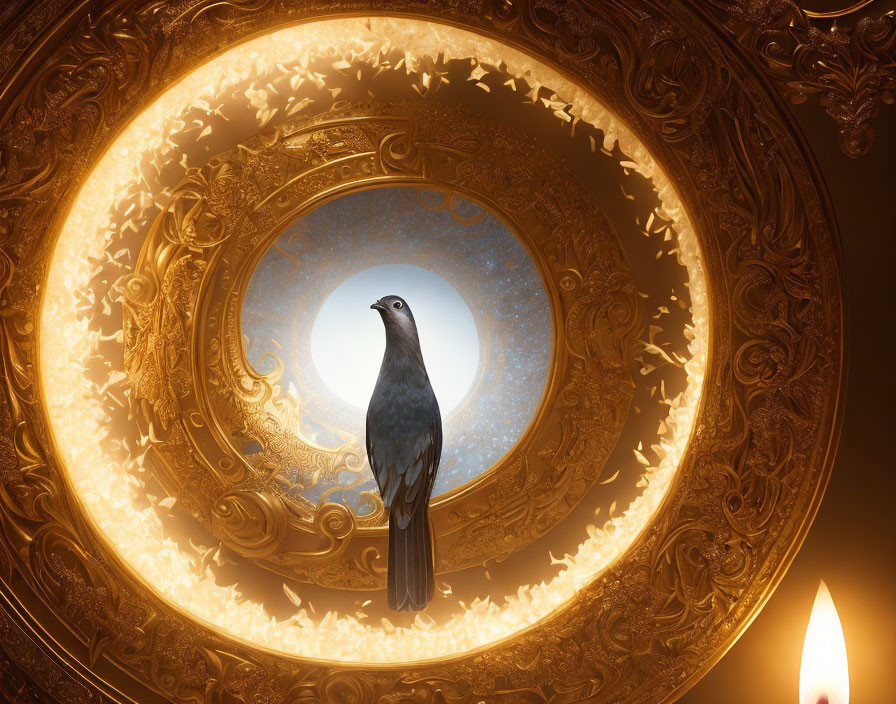 Raven perched on ornate golden frame under starry sky