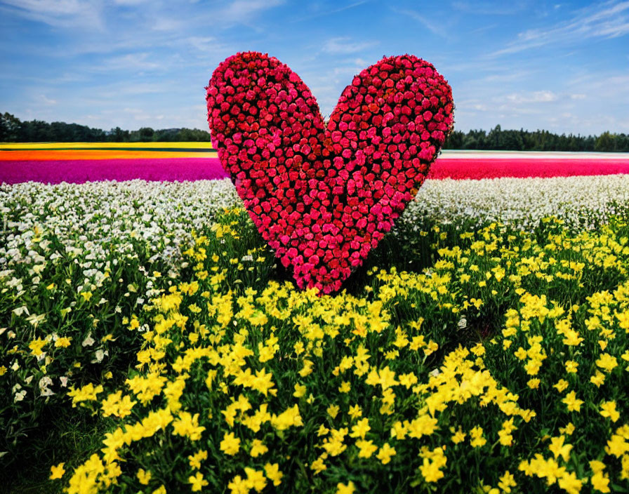 Red heart-shaped flower arrangement in colorful field under blue sky