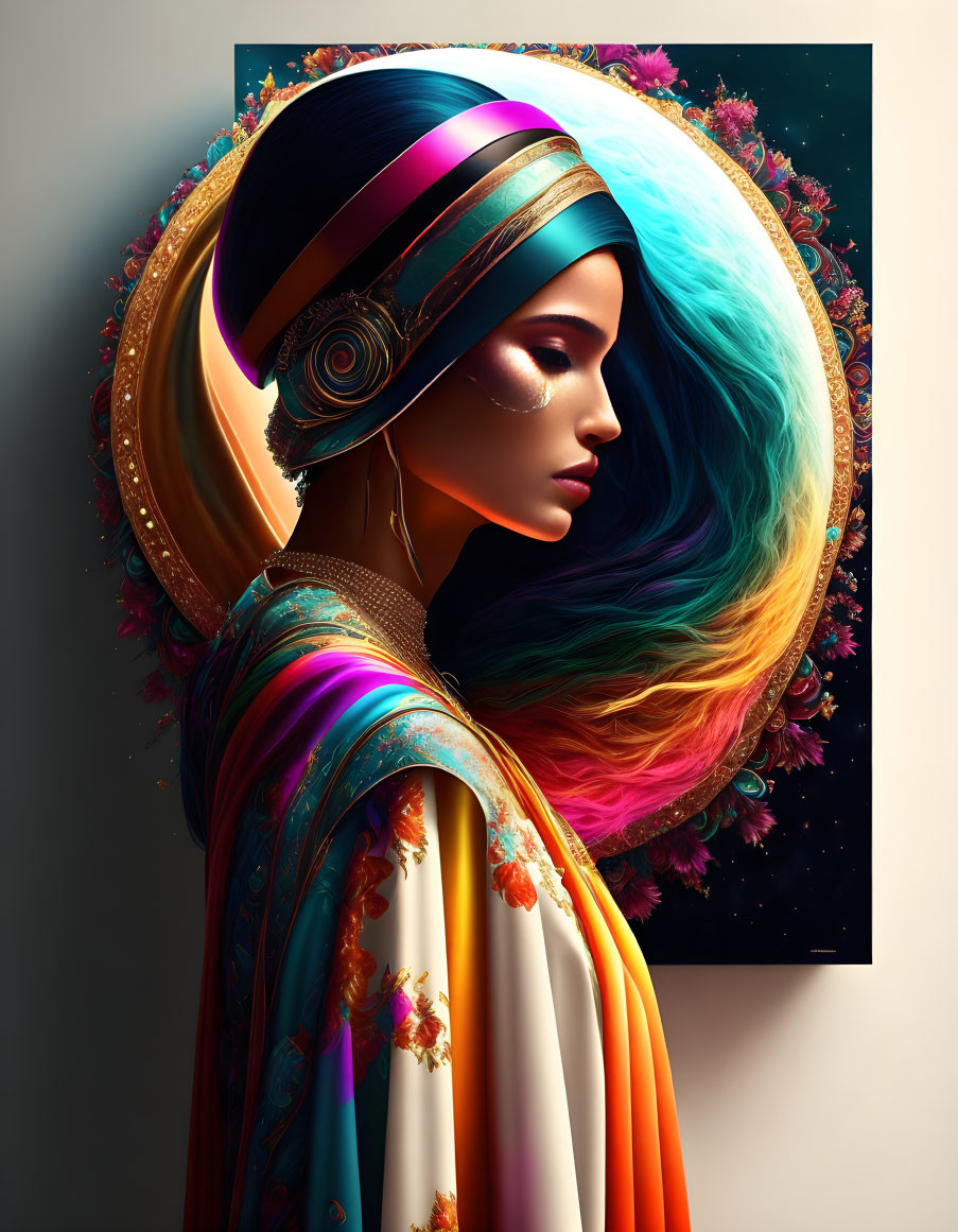 Colorful cosmic hairstyle and ornate headdress blend fashion with celestial motifs