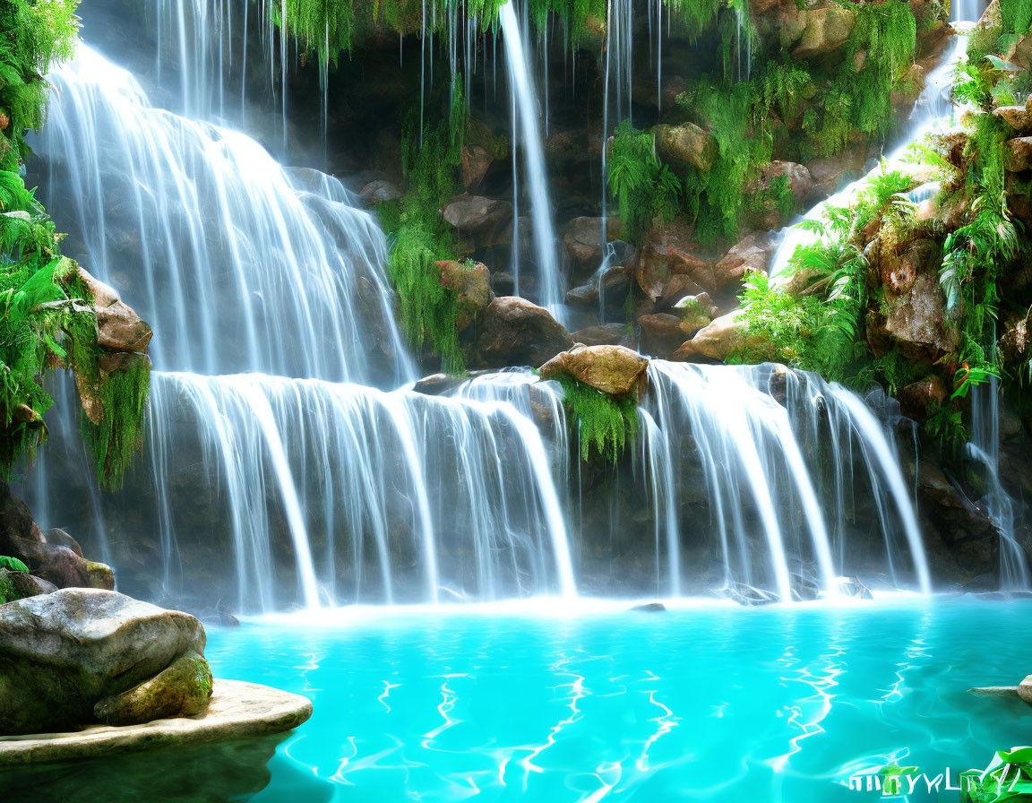 Tranquil waterfall with cascades, lush greenery, rocks, and turquoise pool