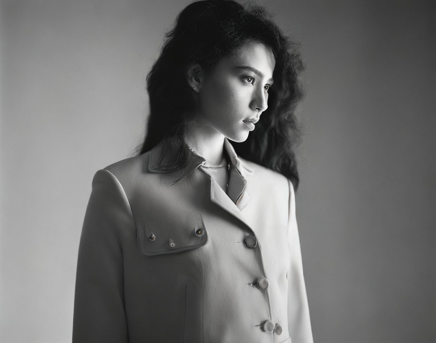 Monochrome portrait: Woman with curly hair in double-breasted coat