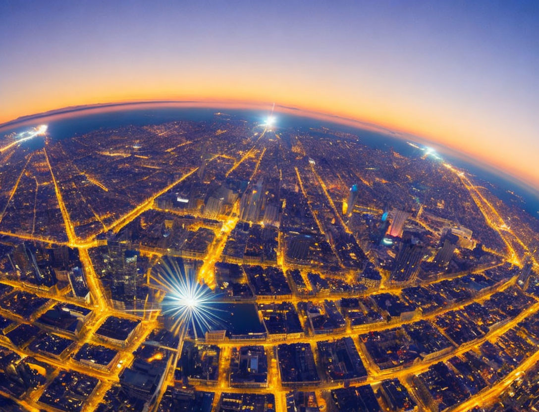 City at Twilight: Aerial View with Grid Streets & Curving Horizon