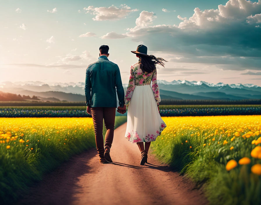 Couple walking through vibrant field with mountain backdrop