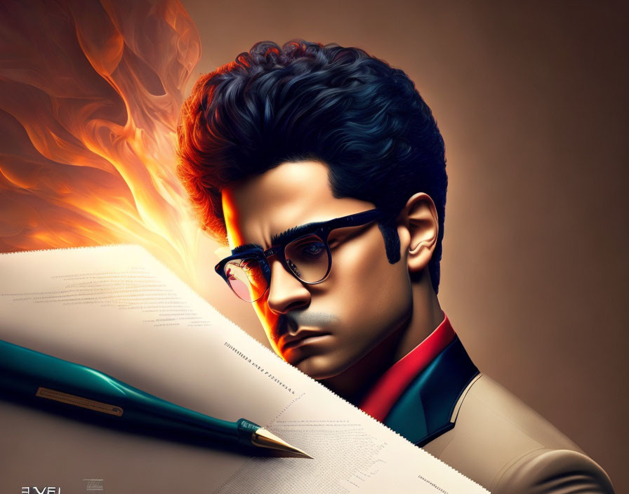 Stylized digital artwork of a person with glasses and fiery hairstyle next to an open book and pen