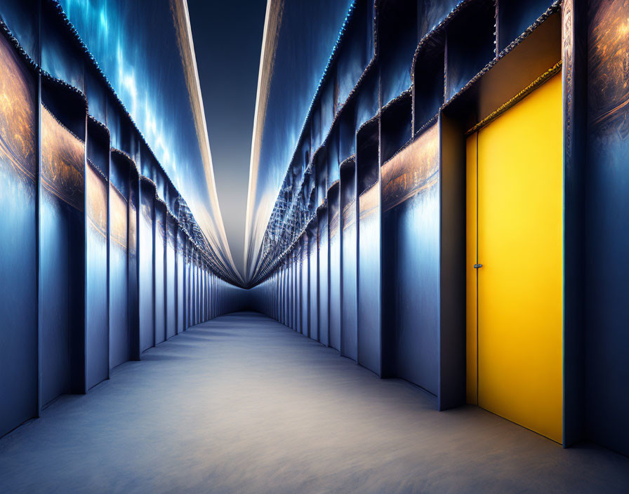 Symmetrical blue corridor with yellow door