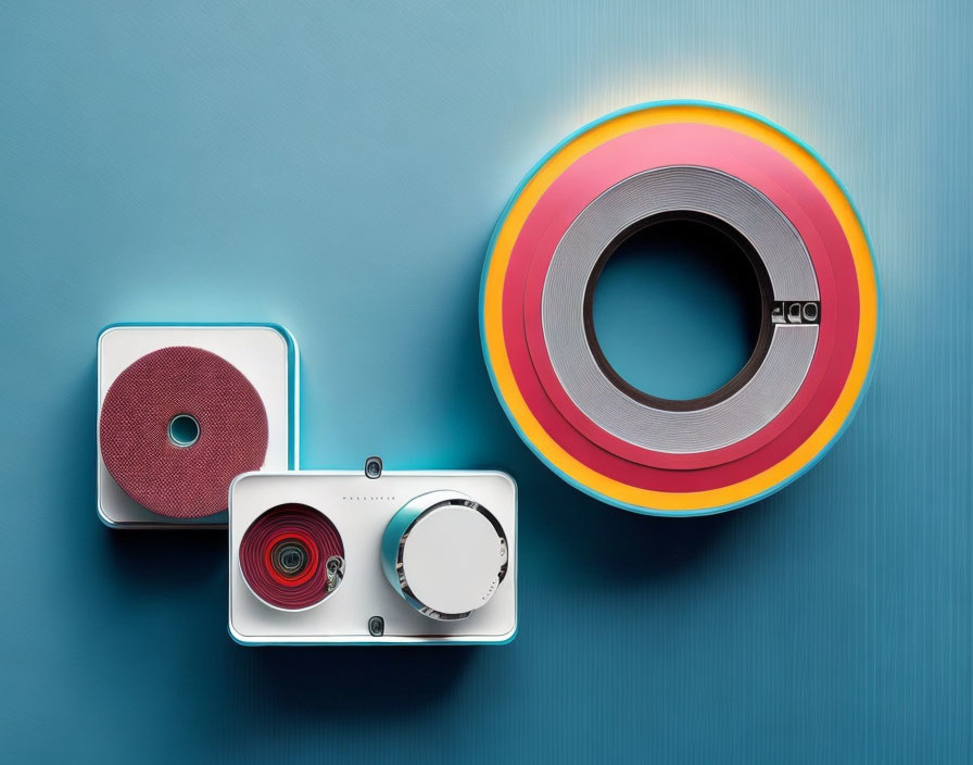 Vintage Speaker, Camera, and Colorful Circle on Blue Background